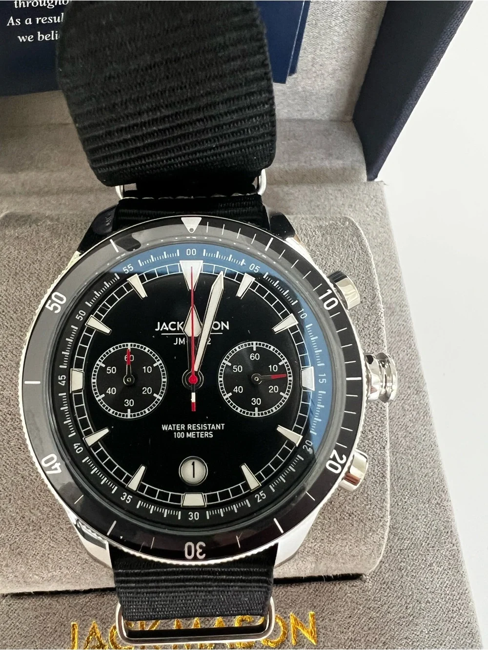New Jack Mason Black and Silver Chronograph Watch with Black Nylon Strap